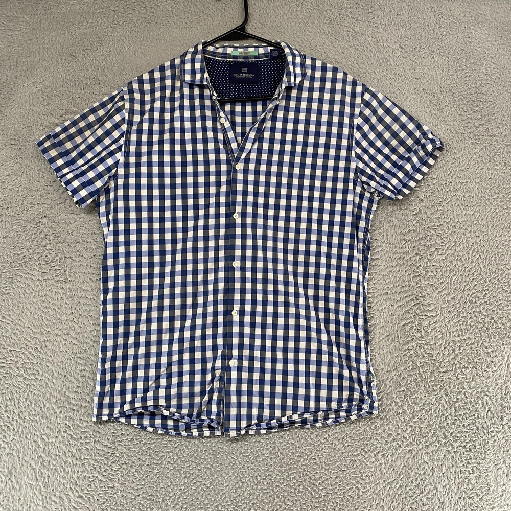 Scotch & Soda Shirt Mens Large Blue Gingham Check Vacanza Button Up Cotton